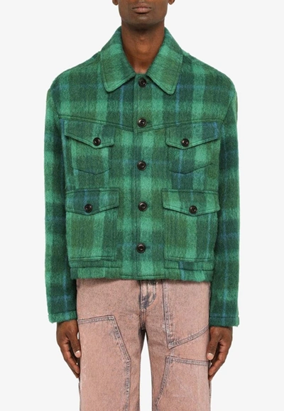 Shop Andersson Bell Checked Wool-blend Overshirt In Green