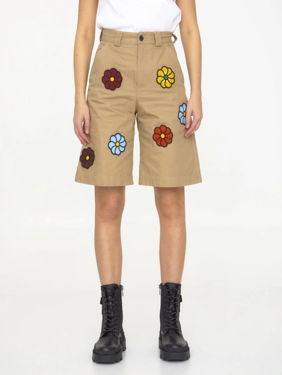 Shop Moncler Floral Embroideries Bermuda Shorts In Beige