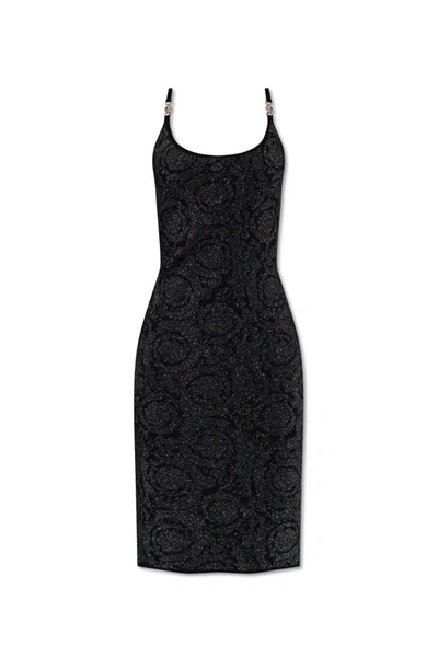 Shop Versace Barocco Lurex Stretched Dress In Black