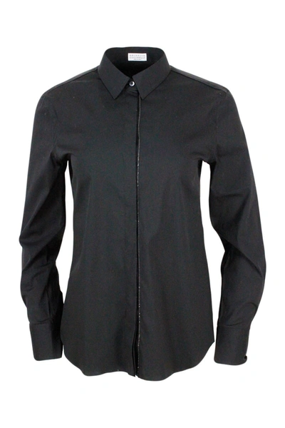 Shop Brunello Cucinelli Long-sleeved Shirt In Stretch Cotton With Long Monili Closure In Black