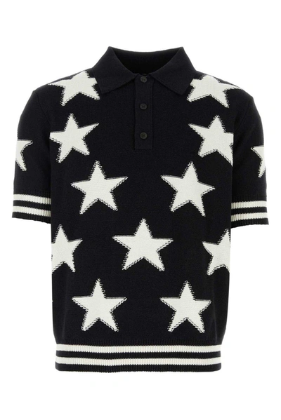 Shop Balmain Two-toned Star Intarsia-knit Polo Shirt In Eer Noir Naturel