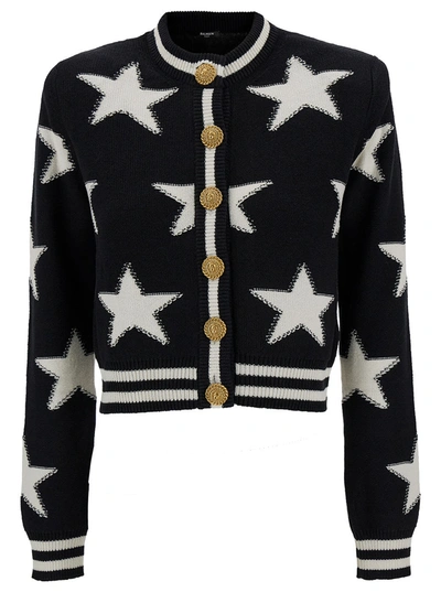 Shop Balmain Buttonned Knit Stars Cropped Cardigan In Eer Noir Naturel