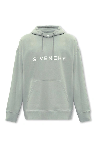 Shop Givenchy Logo Print Drawstring Hoodie In Grey
