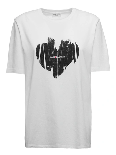Shop Saint Laurent Womans White Cotton T-shirt With Heart Print In Naturel Noir