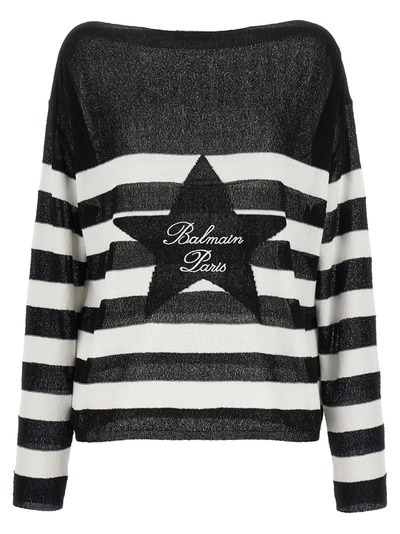Shop Balmain Logo Embroidery Striped Sweater In Nero E Bianco