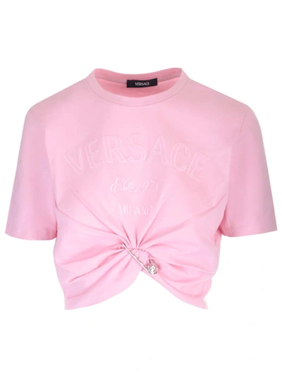 Shop Versace Safety Pin Detail T-shirt In Pale Pink