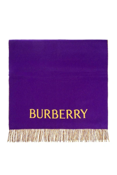 Shop Burberry Logo Embroidered Fringed-edge Scarf In Royal
