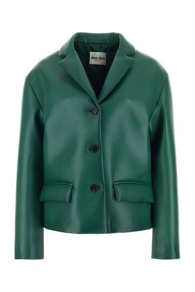 Shop Miu Miu Single-breasted Leather Jacket In Verde