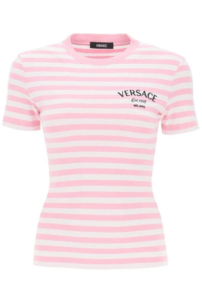 Shop Versace Logo-embroidered Crewneck Striped T-shirt In White+pale Pink+multicolor