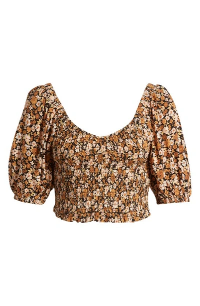 Shop Rip Curl Sea Of Dreams Floral Smocked Crop Top In Brown