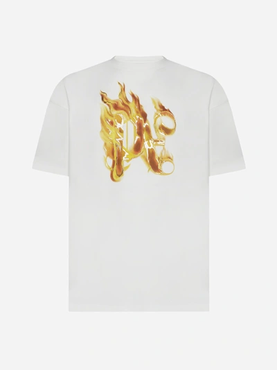 Shop Palm Angels Burning Monogram Cotton T-shirt In Bianco