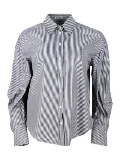 Shop Brunello Cucinelli Long-sleeved Shirt Made Of Cotton With A Striped Pattern Embellished With Bright  In Blu