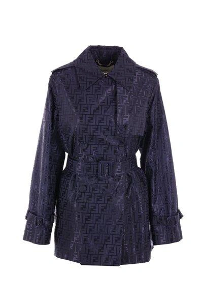 Shop Fendi Ff Jacquard Belted-waist Trench Coat In Blue