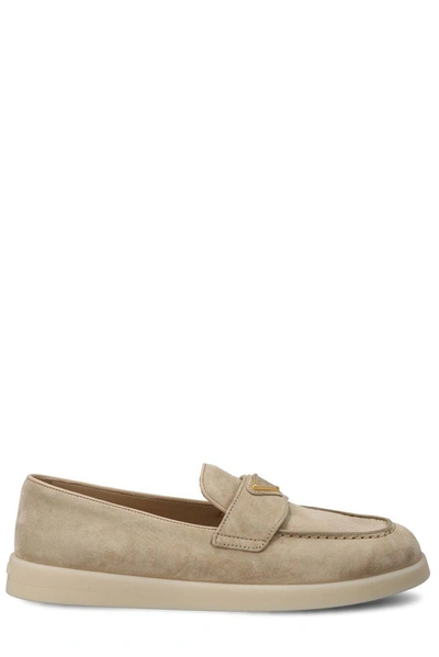 Shop Prada Logo Plaque Slip-on Loafers In Deserto