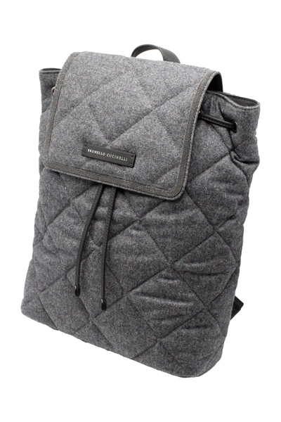 Shop Brunello Cucinelli Backpack With Diamond Pattern In Wool And Leather Embellished With Rows Of Jewels In Grey