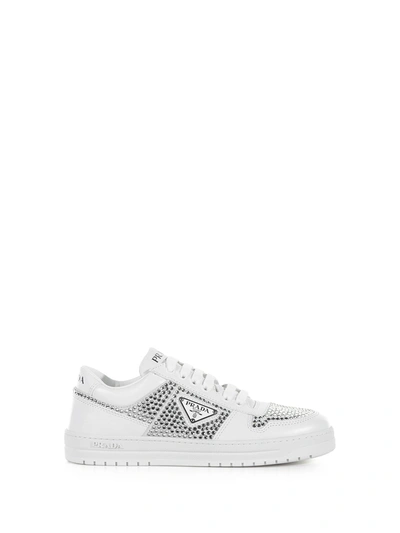Shop Prada Leather Sneakers With Crystals In White