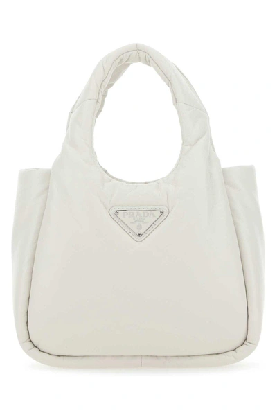 Shop Prada Triangle Logo Plaque Tote Bag In White