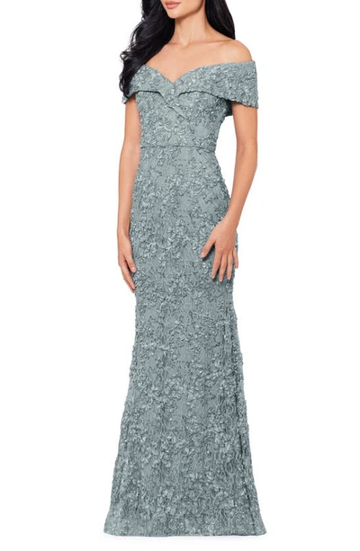 Shop Xscape Evenings Off The Shoulder Embroidered Gown In Sage