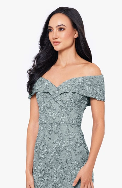 Shop Xscape Evenings Off The Shoulder Embroidered Gown In Sage