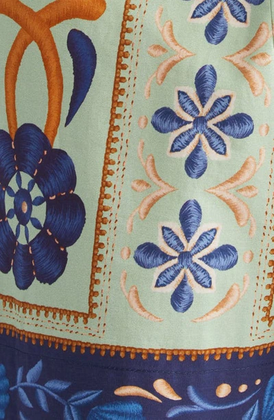 Shop Farm Rio Ocean Tapestry Puff Sleeve Cotton Romper In Ocean Tapestry Green