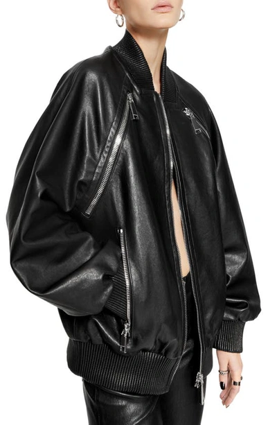 Shop Rebecca Minkoff Dylan Oversize Leather Bomber Jacket In True Black
