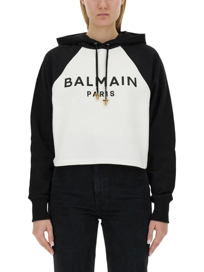 Shop Balmain Sweatshirt With Logo In Bianco