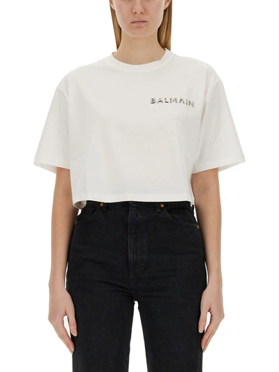 Shop Balmain Logo Print T-shirt In Bianco