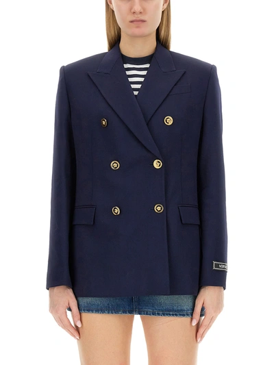 Shop Versace Double-breasted Blazer In Blu