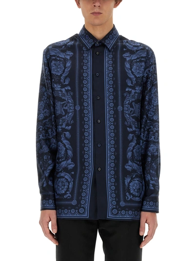 Shop Versace Silk Shirt In Blu