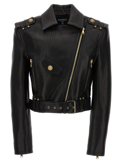 Shop Balmain Cropped Leather Nail Casual Jackets, Parka Black