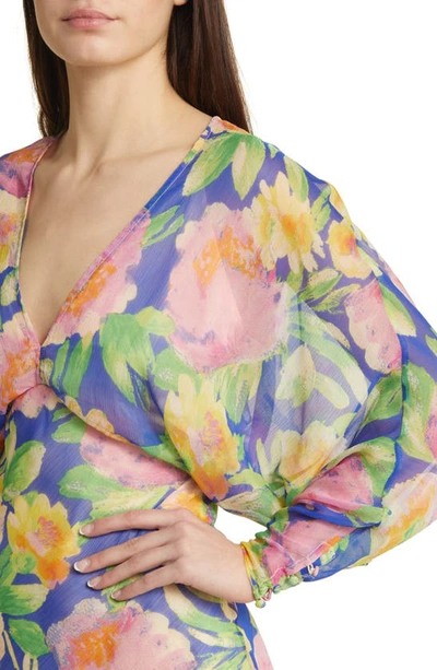 Shop Asos Design Floral Print Long Sleeve Minidress In Medium Blue