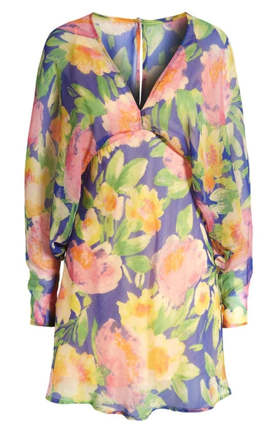 Shop Asos Design Floral Print Long Sleeve Minidress In Medium Blue