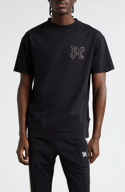 Shop Palm Angels Studded Monogram Cotton Crewneck T-shirt In Black Gunmetal