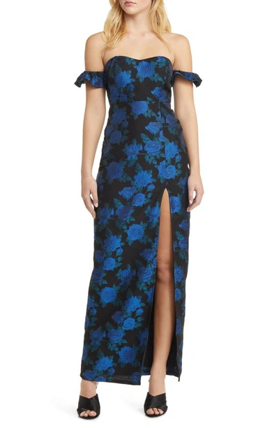 Shop Lulus Exceptional Occasion Floral Jacquard Off The Shoulder Gown In Black/ Blue