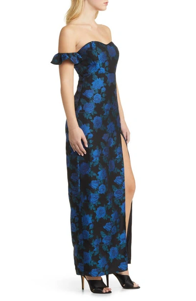 Shop Lulus Exceptional Occasion Floral Jacquard Off The Shoulder Gown In Black/ Blue