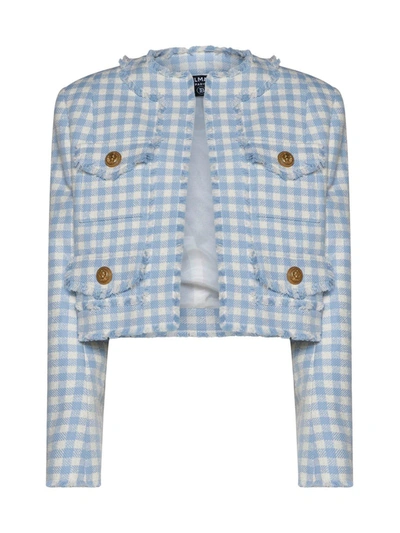 Shop Balmain Tweed Embossed Jacket In Bleu Pâle Blanc