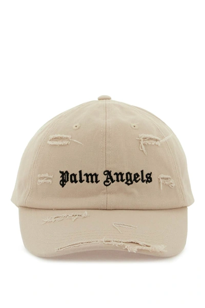 Shop Palm Angels Ripped Logo Baseball Cap In Beige/nero
