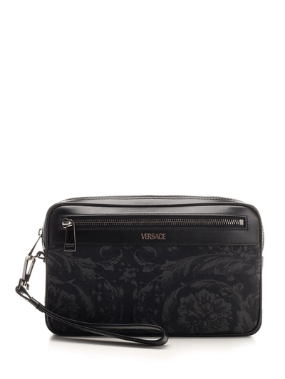 Shop Versace Canvas And Leather Pouch In Black