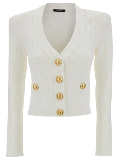 Shop Balmain Buttoned Knit Crop Cardigan In Fa Blanc