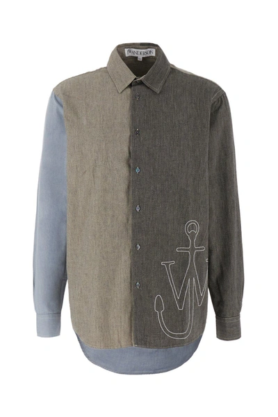 Shop Jw Anderson J.w. Anderson Anchor-embroidered Colour-block Patchwork Shirt In Grey
