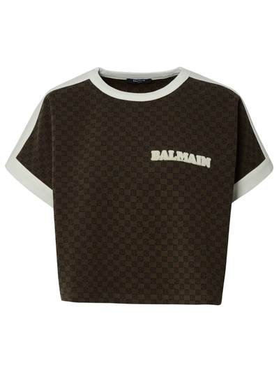 Shop Balmain Brown Cotton Blend T-shirt In Marron/marron Foncè/creme