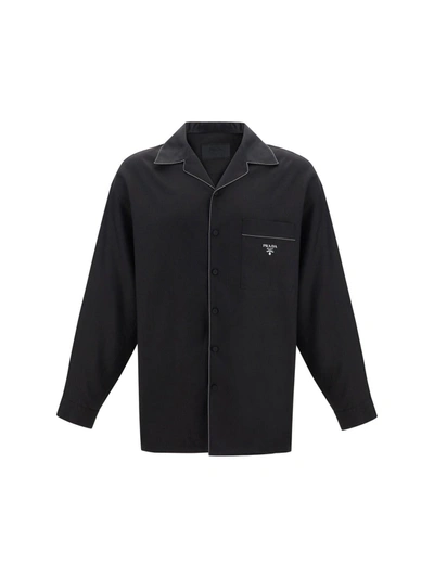 Shop Prada Contrasting-trim Button-up Pyjama Shirt In Nero