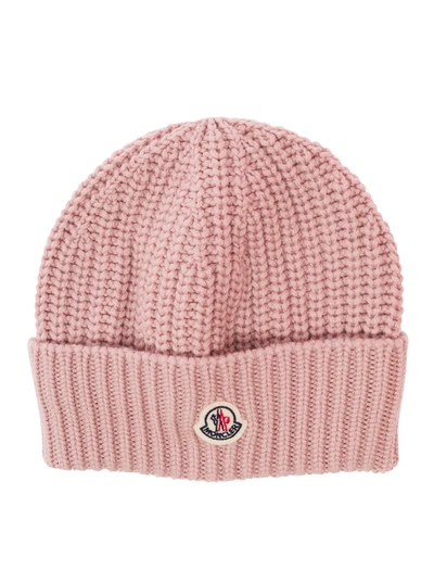 Shop Moncler Pink Ribbed Beanie With Patch Logo In Wool Woman