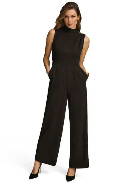 Shop Donna Karan New York Pleated Sleeveless Straight Leg Jumpsuit In Black