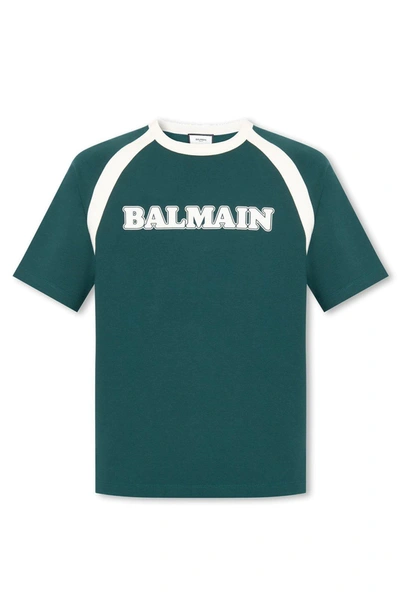 Shop Balmain Logo Printed Crewneck T-shirt In Vert Fonce\creme