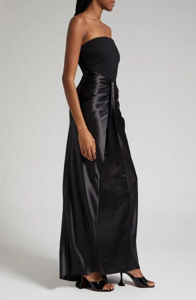 Shop Staud Wayfaring Strapless Satin Maxi Dress In Black