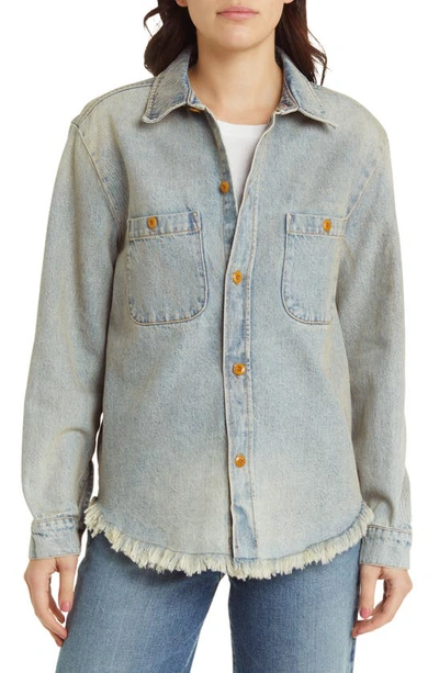Shop The Great . The Venture Fray Denim Shirt Jacket In Kentucky Wash