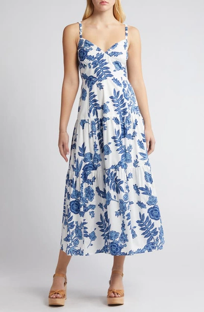 Shop Moon River Floral Tiered Cotton Midi Dress In Blue Multi
