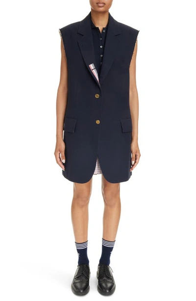 Shop Thom Browne Oversize Sleeveless Cotton Blend Blazer In Navy