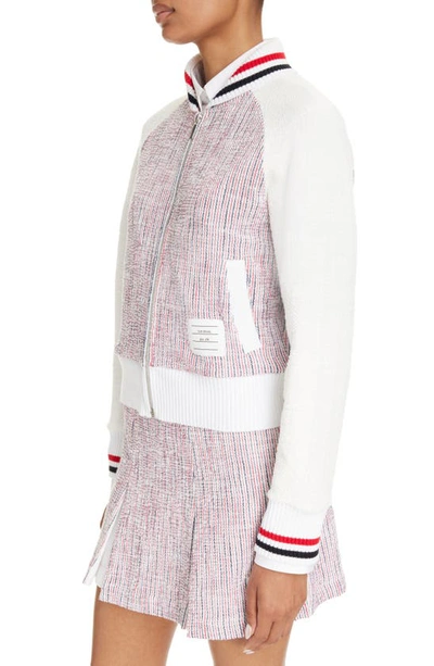 Shop Thom Browne Rwb Stripe Tweed Bomber Jacket In Pink/white